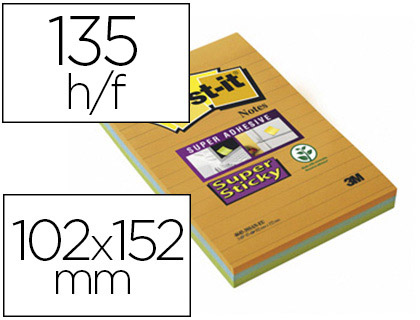 Fournitures de bureau : Bloc-notes post-it super sticky grand format 102x152mm 45f lignées repositionnables coloris assortis 3 blocs