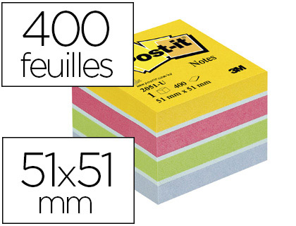 Fournitures de bureau : Bloc-notes post-it minis 51x51mm 400f repositionnables coloris énergie