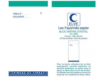 Fournitures de bureau : Bloc maître d'hôtel elve papier autocopiant numéroté 1/50 85x150mm 50 triplis bleu rouge vert
