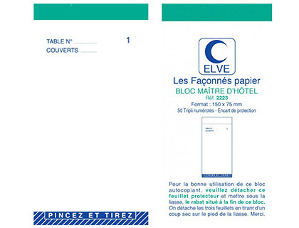 Fournitures de bureau : Bloc maître d'hôtel elve papier autocopiant numéroté 1/50 75x150mm 50 triplis bleu rouge vert