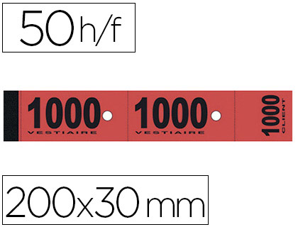 Fournitures de bureau : Bloc vestiaire piqué elve 3 coupons perforés détachables numérotés 1/1000 30x200mm 50 feuillets coloris rouge