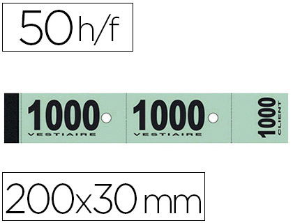 Fournitures de bureau : Bloc vestiaire piqué elve 3 coupons perforés détachables numérotés 1/1000 30x200mm 50 feuillets coloris vert