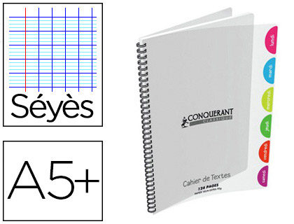 Fournitures de bureau : Cahier spirale conquérant classique couverture polypropylène a5+ 17x22cm 124 pages séyès incolore