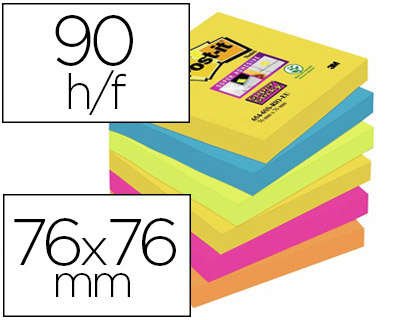 Fourniture de bureau : Bloc-notes post-it super sticky couleurs rio 76x76mm 90f jaune néon/bleu mer/vert néon/fuchsia/orange néon 6 blocs