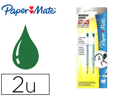 Fournitures de bureau : Recharge paper mate stylo-roller replay premium encre effaçable couleur vert set de 2