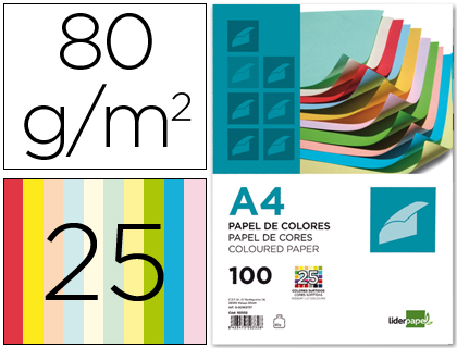 Fournitures de bureau : Papier couleur liderpapel multifonction a4 80g/m2 assortiment 25 couleurs paquet 100 feuilles
