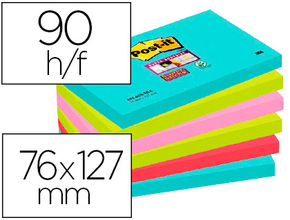Fourniture de bureau : Bloc-notes post-it super sticky couleurs miami 76x127mm 90f repos adhésif renforcé ble verros 6 blocs