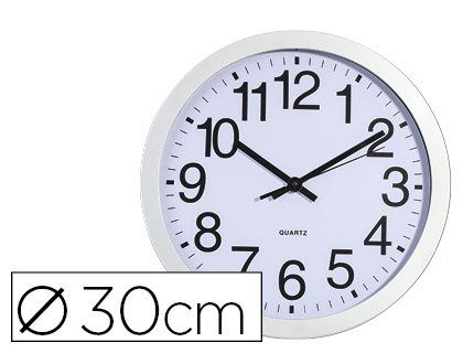 Fourniture de bureau : Horloge murale carpentras 30cm cadre plastique argenté fond blanc chiffres couleur noir