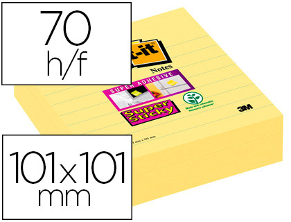 Fourniture de bureau : Bloc-notes post-it super sticky grand format 101x101mm 70f lignées adhésif renforcé coloris jaune 3 blocs