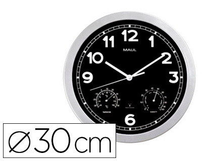 Papeterie Scolaire : Horloge mauldrive 30rc radio-pilotée thermomètre et hygromètre ronde pile 15v aa fournie cadre plastique coloris gris