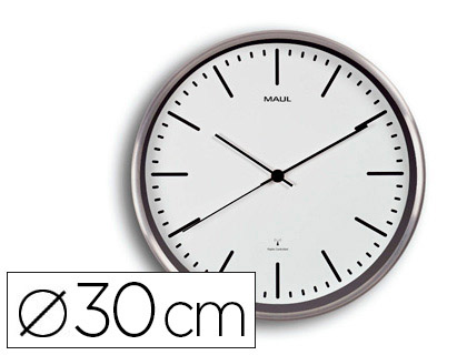 Papeterie Scolaire : Horloge maulfly 30rc radio-pilotée ronde diamètre 30cm pile aa 1,5v fournie cadre fin aluminium fond blanc