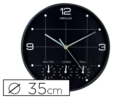 Papeterie Scolaire : Horloge unilux on time quartz haute précision 4 fuseaux horaires 4 piles aa 15v fournies chiffres blancs fond noir