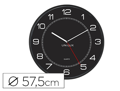 Papeterie Scolaire : Horloge unilux mega idéale grands espaces pile 1,5v aa fournie lisibilité 180 mètres chiffres blancs fond noir