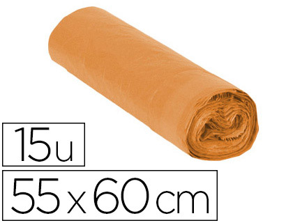 Papeterie Scolaire : Sac poubelle domestique 55x60cm liens coulissants calibre 120 capacité 23l coloris orange rouleau de 15 