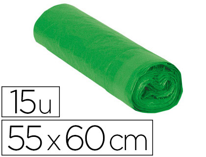 Papeterie Scolaire : Sac poubelle domestique 55x60cm liens coulissants calibre 120 capacité 23l coloris vert rouleau de 15 