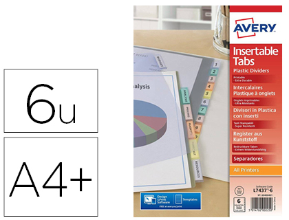 Avery - Intercalaires à onglets personnalisables et imprimables 6 touches A4+, polypropylène coloré translucide