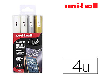 Fournitures de bureau : Marqueur uniball craie chalk marker pointe conique fine 18/25mm pochette de 4 