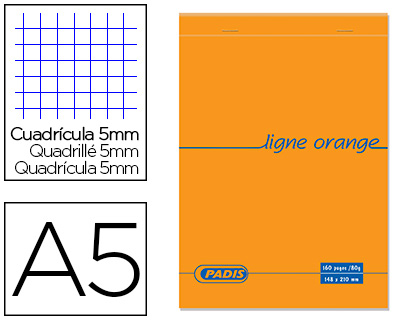 Fourniture de bureau : Bloc-notes padis bureau orange agrafé reliure intégrale a5 160 pages 80g réglure 5x5mm