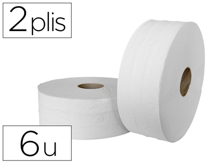 Papeterie Scolaire : Papier toilette jumbo pure ouate blanche lisse prédécoupé 2 plis 320m paquet 6 rouleaux