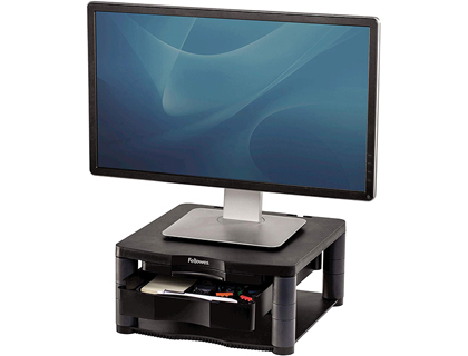 Papeterie Scolaire : Support écran fellowes ordinateur crt/lcd réglable 5 hauteurs 64/165mm tiroir porte-copie supporte 36kg coloris noir