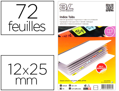 Papeterie Scolaire : Marque-pages 3l index repositionnable étroit semi-rigide 12x25mm 72f coloris assortis rouge jaune bleu vert