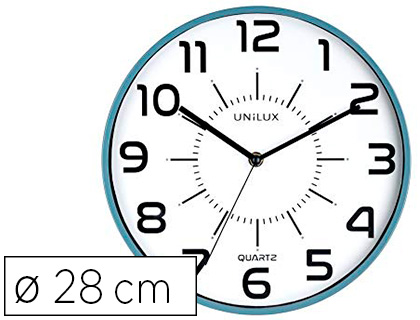 Papeterie Scolaire : Horloge unilux pop quartz haute précision silencieuse pile 1,5v aa fournie diamètre 28cm lisibilité 30m bleu