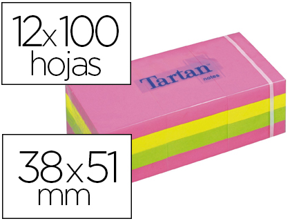 Fournitures de bureau : Bloc-notes tartan 38x51mm 100f/bloc repositionnables coloris neon assortis lot 12 blocs