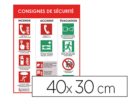 Papeterie Scolaire : Panneau affichage consignes de sécurité pvc souple incendie accident évacuation 40x30cm blanc rouge