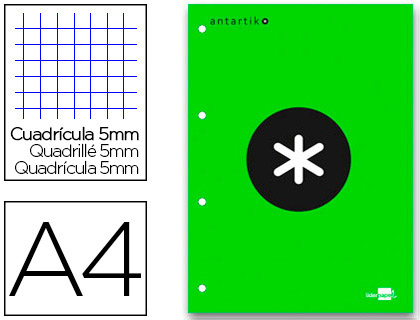 Fournitures de bureau : Bloc-notes liderpapel antartik 200 pages encollées 100g a4 quadrillage 5mm coloris vert