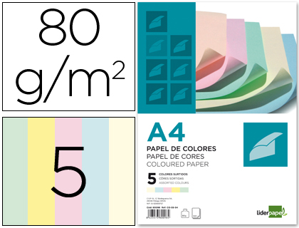 Fourniture de bureau : Papier couleur liderpapel multifonction a4 80g/m2 5 coloris assortis ramette de 500 feuilles