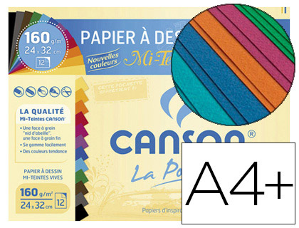 Fournitures de bureau : Papier dessin canson mi-teintes 160g a4+ coloris vifs pochette 12f