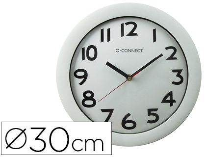 Fournitures de bureau : Horloge q-connect murale plastique design actuel numéros noirs fond blanc 1 pile aa non fournie diamètre 30cm blanc