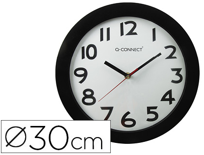 Fournitures de bureau : Horloge q-connect murale plastique design actuel numéros noirs fond blanc 1 pile aa non fournie diamètre 30cm noir