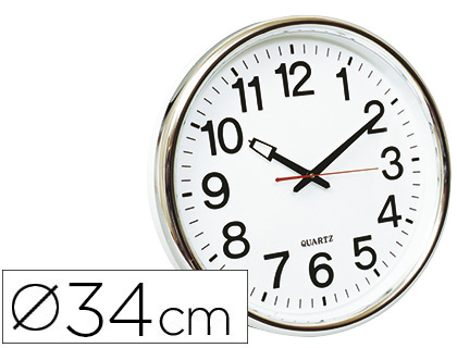Fournitures de bureau : Horloge q-connect murale plastique design actuel numéros noirs fond blanc 1 pile aa non fournie diamètre 35cm chromé