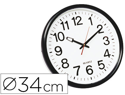 Fournitures de bureau : Horloge q-connect murale plastique design actuel numéros noirs fond blanc 1 pile aa non fournie diamètre 35cm noir