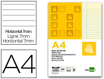 Fourniture de bureau : Bloc-notes liderpapel encollé a4 210x297mm 50f 60g/m2 ligné marge feuilles jaunes