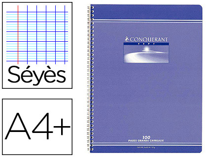 Fournitures de bureau : Cahier conquérant sept reliure intégrale couverture offset a4+ 24x32cm 100 pages 70g séyès