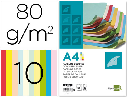 Fournitures de bureau : Papier couleur liderpapel multifonction a4 80g/m2 10 coloris assortis paquet 100 feuilles