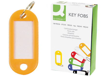Fournitures de bureau : Porte-clés q-connect porte-étiquette plastique 50x22mm coloris jaune présentoir 100 unités