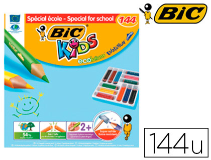 Fourniture de bureau : Crayon couleur bic kids evolution résine synthèse 140mm triangle gros module résiste mordillage coffret scolaire 144 unités
