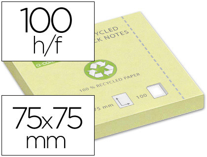 Fournitures de bureau : Bloc-notes q-connect quick notes papier recyclé 75x75mm 100f repositionnables coloris jaune