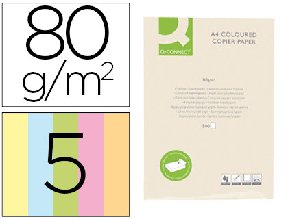 Fourniture de bureau : Papier couleur q-connect multifonction a4 80g/m2 5 coloris assortis clairs ramette 500 feuilles