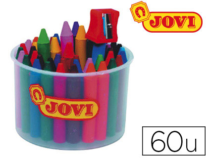 Fournitures de bureau : Craie cire jovi jovicolor 75mm diamètre 12mm pot 60 unités + 1 taille-crayon