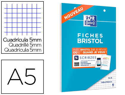 Oxford - Bloc de 30 fiches Bristol - A5 (148x210 mm) - Petits carreaux (5x5) - Perforées - Blanc