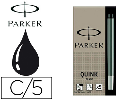 Parker Quink - Cartouche d'Encre Longue - Encre Noire Effaçable - Etui de 5