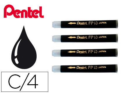 Pentel FP10 - Cartouche d'Encre Noir pour Pinceaux - Kit de 4