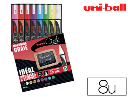 Uniball Chalk Marker - Marqueur Craie - Pointe Moyenne - Etui de 8 Couleurs Fluo