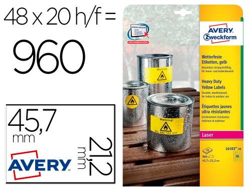 Papeterie Scolaire : Étiquette adhésive avery L6103-20 permanente polyester ultra-résistant waterproof idéal entrepôt 21,2x45,7mm 960 unités jaune