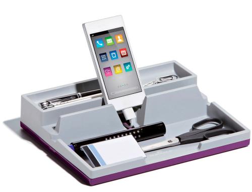 Papeterie Scolaire : Organiseur bureau durable varicolor abs compact 2 compartiments 1 support smartphone/tablette 190x50x240mm gris/violet