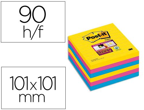 Papeterie Scolaire : Bloc-note post-it super sticky couleurs rio 90f 101x101xx 90f coloris néon jaune bleu fuchsia lot 6 blocs